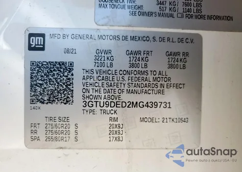 2021 GMC Sierra K1500 Slt from USA, damaged, VIN 3GTU9DED2MG439731
